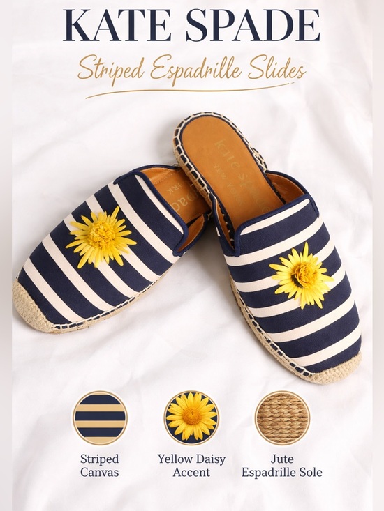 kate spade Shoes - kate spade Navy & White Striped Espadrille Slides with Yellow Daisy